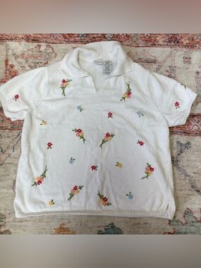 White Stag Plus Knit Polo Sweater Short Sleeve Embroidered Flowers Womens 18/20W